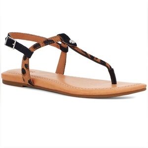 UGG MADEENA LEATHER LEOPARD FLAT ANKLE SANDALS SIZE 8.5 EUC